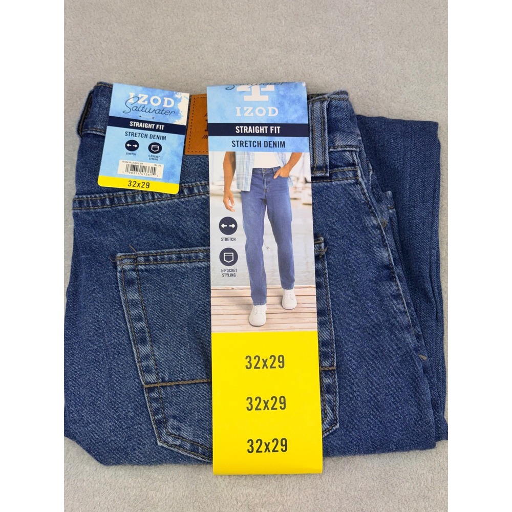 IZOD Saltwater Mens 32X29 Straight Fit Stretch Denim Jeans NWT Blue 1566219